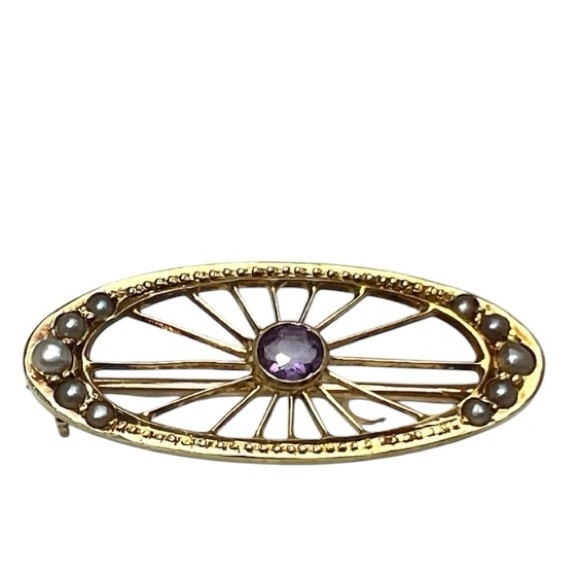 Victorian Antique, 14k Gold Amethyst and Silver Seed Pearl Brooch/Bar Pin